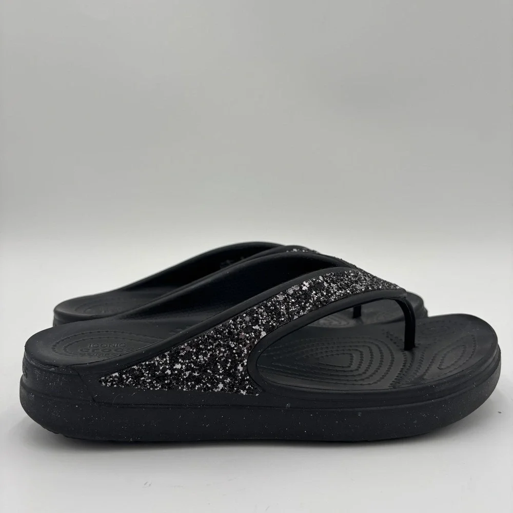 CROCS Sloane Sandals Womens 9 Glitter Wedge Flip Flops Slip On Black